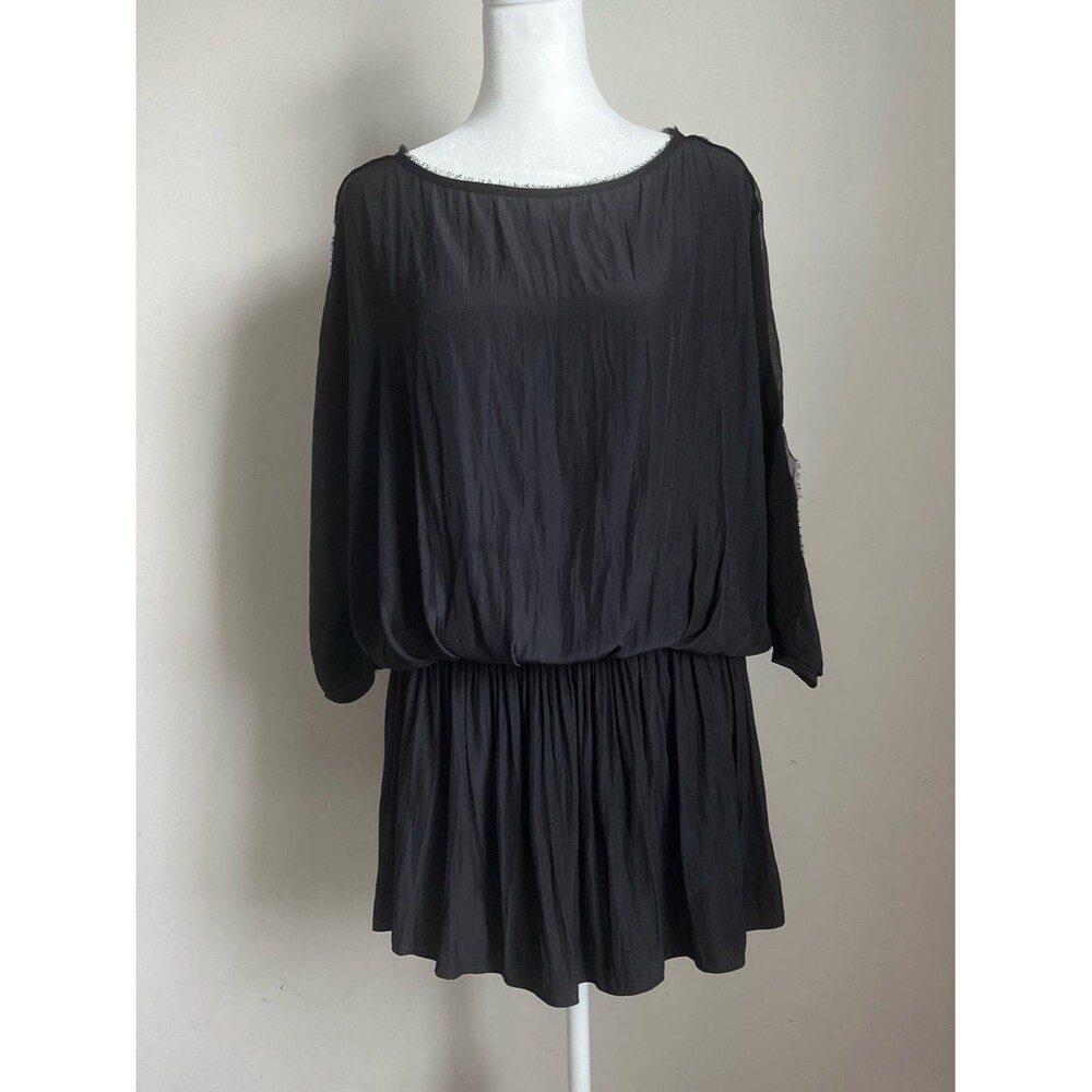 Ramy Brook Silk Scoop Neck Blouson Smocked Mini Dress LBD Sz Sp